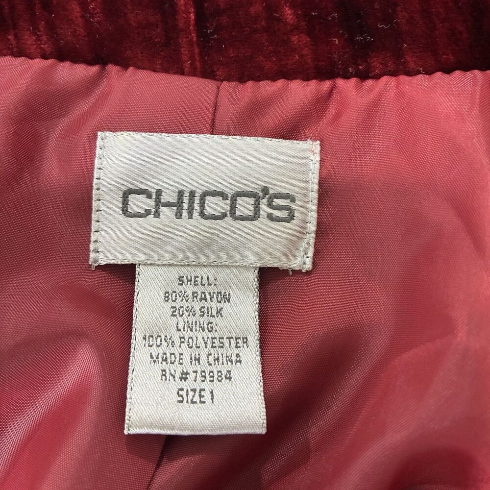 Chico's Women's Sz 1 Ruby Red Crushed Velvet Blazer Jacket Boho Retro Y2K - Picture 4 of 4